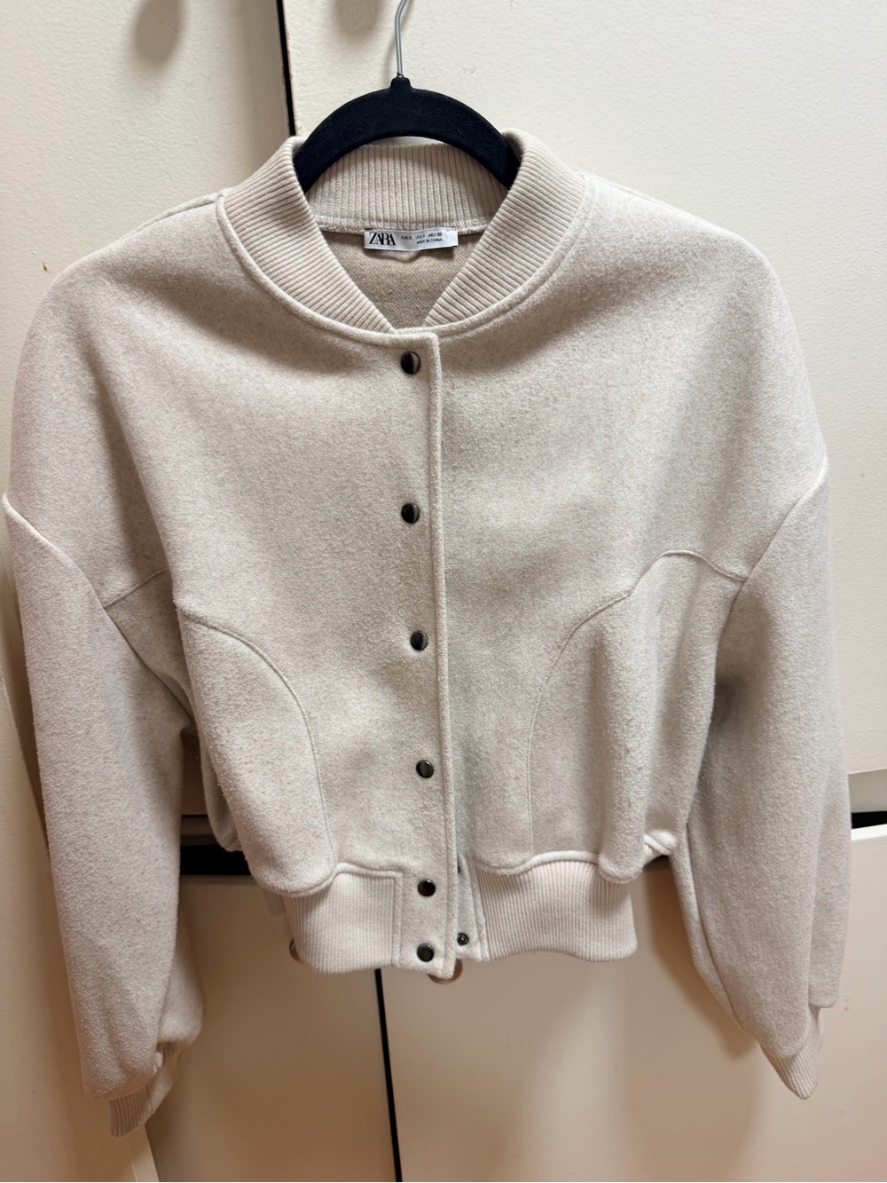 Zara Cream Boxy Bomber Jacket with Snap Buttons